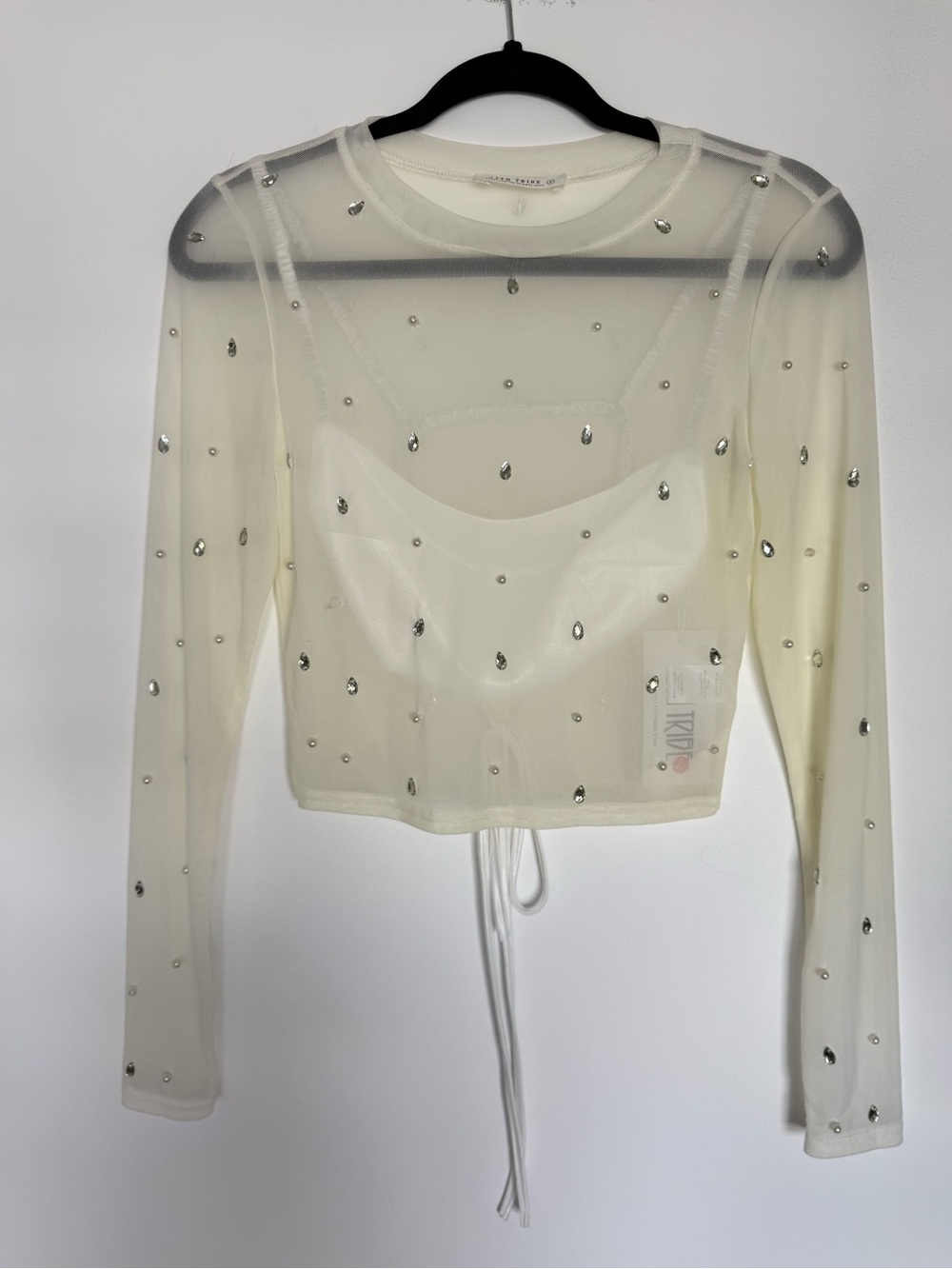 12th tribe - Sheer Embellished Long-Sleeve Crop Top - Ivory